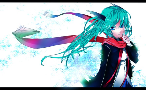 Anime picture 2210x1365 with vocaloid hatsune miku fuyugasumi single long hair highres blue eyes wide image twintails aqua hair finger to mouth letterboxed girl scarf
