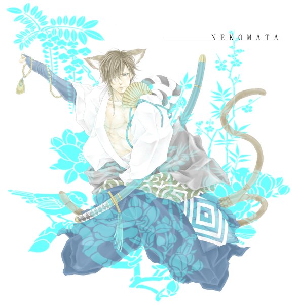 Anime picture 1200x1229 with sengoku basara production i.g date masamune (sengoku basara) umk single tall image short hair blue eyes simple background brown hair white background animal ears japanese clothes animal tail one eye closed wink cat ears inscription cat tail boy