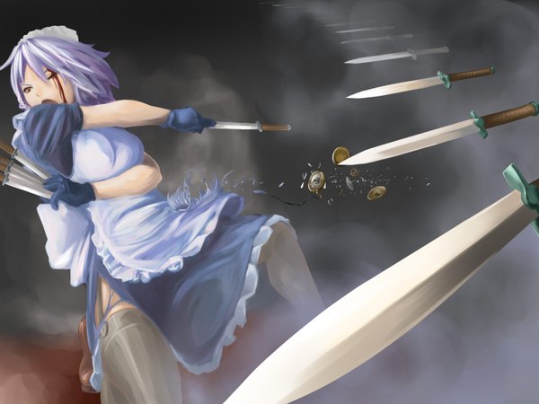 Anime picture 1440x1080 with touhou izayoi sakuya single short hair red eyes purple hair maid dark background broken girl thighhighs gloves weapon shoes blood clock pocket watch dagger