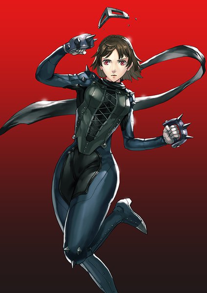 Anime picture 601x850 with persona 5 persona niijima makoto maekawa yuichi single tall image looking at viewer fringe short hair simple background red eyes brown hair standing gradient background standing on one leg lacing girl bodysuit mask fist