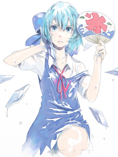 Anime picture 900x1200 with touhou cirno pomodorosa single tall image fringe short hair blue eyes simple background white background blue hair sweat looking up hand on head leg lift (legs lift) girl dress bow hair bow wings