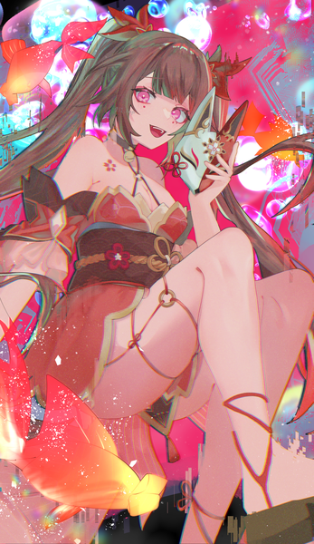Anime picture 1952x3380 with honkai: star rail honkai (series) sparkle (honkai: star rail) 11 86 single long hair tall image looking at viewer fringe highres breasts open mouth light erotic smile brown hair large breasts twintails bare shoulders payot cleavage