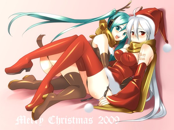 Anime picture 1600x1200 with vocaloid hatsune miku yowane haku caffein christmas girl thighhighs
