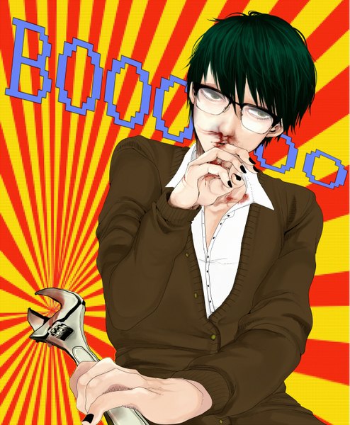 Anime picture 1235x1500 with original yomomatsu tarou single tall image short hair green eyes nail polish green hair inscription partially open clothes black nail polish boy shirt glasses blood sweater wrench