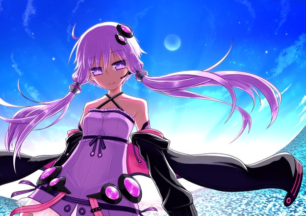 Anime picture 1416x1003 with vocaloid yuzuki yukari kurakumo nue single long hair purple eyes twintails bare shoulders sky purple hair cloud (clouds) open clothes open jacket low twintails girl dress jacket moon hair tubes