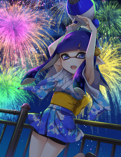Anime picture 1000x1300 with splatoon nintendo inkling takeko spla single long hair tall image looking at viewer fringe open mouth purple eyes purple hair outdoors blunt bangs traditional clothes japanese clothes pointy ears arms up fireworks tentacle hair
