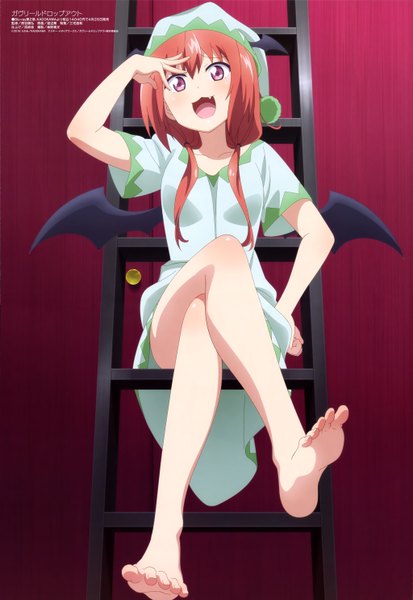 Anime picture 4089x5935 with gabriel dropout megami magazine doga kobo satanichia kurumizawa mcdowell watanabe mai single long hair tall image blush highres open mouth purple eyes bare shoulders absurdres red hair head tilt barefoot arm up official art bare legs