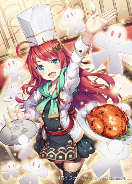 Anime picture 643x900 with shinkai no valkyrie head chef luana akkijin single long hair tall image looking at viewer fringe open mouth blue eyes smile ahoge red hair indoors long sleeves :d arm up official art hand on hip chef