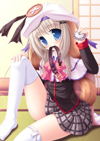 Anime picture 878x1240 with little busters! key (studio) noumi kudryavka yokuran single long hair tall image looking at viewer blue eyes white hair tail animal tail dog tail girl thighhighs skirt uniform school uniform white thighhighs collar