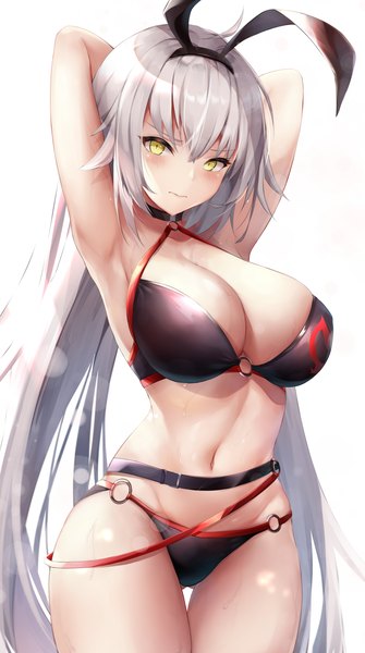 Anime picture 2229x3991 with fate (series) fate/grand order jeanne d'arc (fate) (all) jeanne d'arc alter (fate) jeanne d'arc alter (swimsuit berserker) (fate) kisaki oni single long hair tall image looking at viewer blush fringe highres breasts light erotic simple background hair between eyes large breasts standing white background