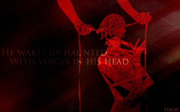 Anime picture 1920x1200 with dogs: bullets & carnage david production haine rammsteiner miwa shirow highres short hair wide image inscription official art red background bandage over eyes boy blood bandage (bandages)