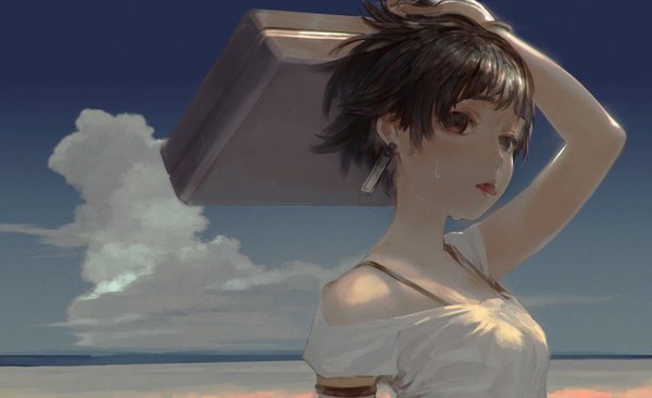 Anime picture 1740x1067 with original mtz single blush fringe highres short hair black hair wide image bare shoulders holding brown eyes looking away sky cloud (clouds) upper body outdoors arm up wind short sleeves