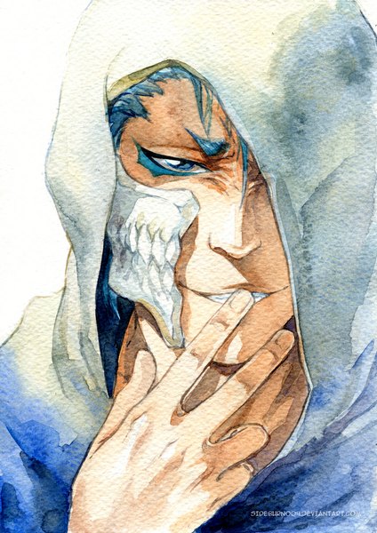 Anime picture 707x1000 with bleach studio pierrot grimmjow jeagerjaques sideburn004 single tall image looking at viewer short hair blue eyes smile white background signed blue hair finger to mouth traditional media watercolor (medium) espada boy hood mask