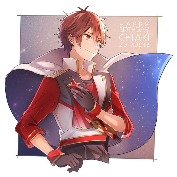 Anime picture 1200x1200 with ensemble stars! morisawa chiaki tama (songe) single fringe short hair smile hair between eyes brown hair brown eyes looking away upper body character names hand on chest dated happy birthday starry sky print boy gloves black gloves