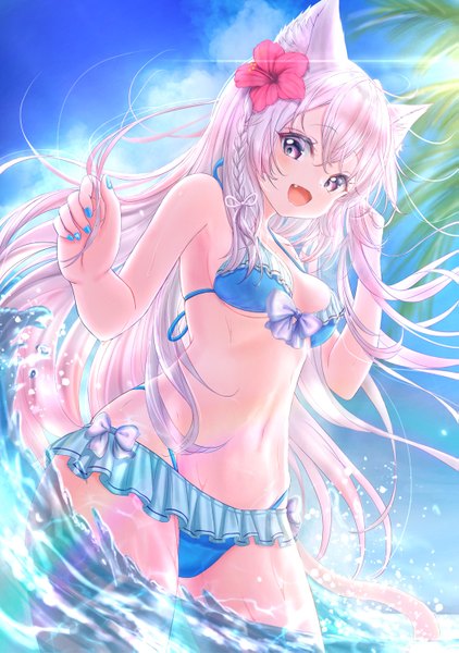 Anime picture 1039x1477 with original hou no ka single long hair tall image looking at viewer blush open mouth light erotic smile standing purple eyes bare shoulders animal ears silver hair outdoors tail braid (braids) nail polish :d