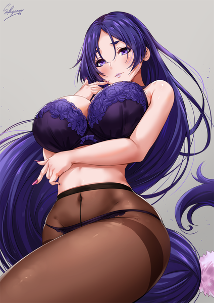 Anime picture 1000x1414 with fate (series) fate/grand order minamoto no raikou (fate) sakiyamama single tall image blush breasts light erotic simple background large breasts purple eyes signed purple hair very long hair nail polish fingernails grey background from below lipstick