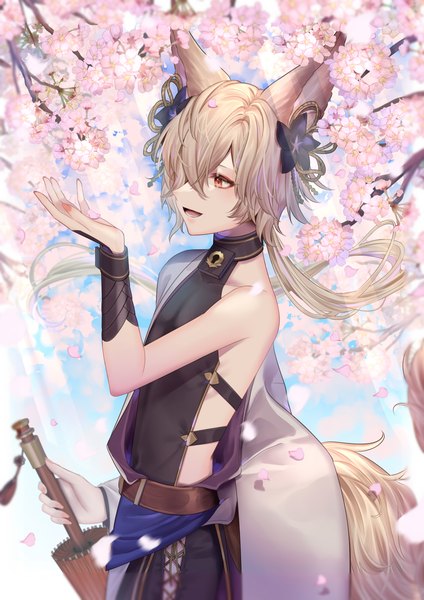 Anime picture 2480x3507 with granblue fantasy kou (granblue fantasy) azaka (rionrita) single long hair tall image fringe highres open mouth blonde hair red eyes animal ears looking away tail :d animal tail hair over one eye fox ears cherry blossoms fox tail