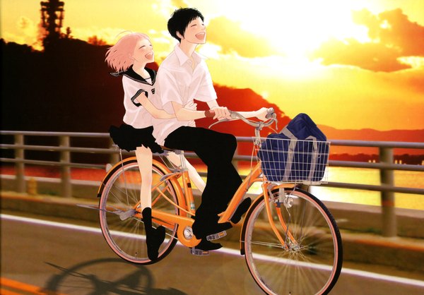 Anime picture 3424x2391 with vocaloid just be friends (vocaloid) megurine luka highres short hair open mouth black hair pink hair absurdres cloud (clouds) eyes closed evening happy sunset girl boy uniform school uniform serafuku ground vehicle