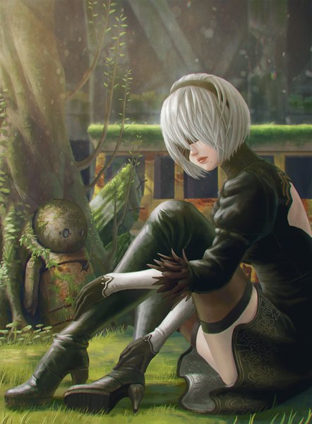 Anime picture 1430x1941 with nier nier:automata yorha no. 2 type b takaira yuito tall image short hair sitting silver hair bent knee (knees) outdoors lips mole puffy sleeves lipstick crossed legs mole under mouth girl thighhighs dress gloves