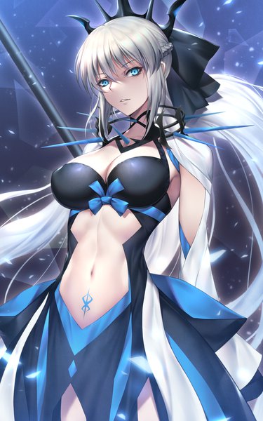 Anime picture 1500x2400 with fate (series) fate/grand order morgan le fay (fate) nasaniliu single long hair tall image fringe breasts blue eyes light erotic hair between eyes large breasts standing payot cleavage ponytail braid (braids) grey hair tattoo
