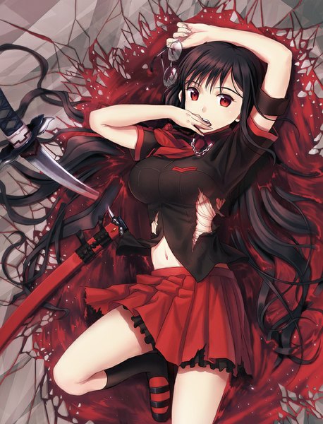 Anime picture 700x918 with blood c production i.g kisaragi saya kichiroku single long hair tall image blush breasts open mouth light erotic black hair red eyes large breasts holding looking away bent knee (knees) lying pleated skirt on back