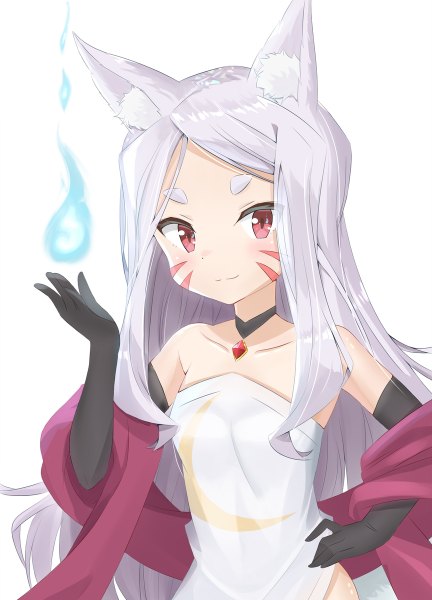 Anime picture 864x1200 with sewayaki kitsune no senko-san doga kobo shiro (sewayaki kitsune no senko-san) yutsuki warabi single long hair tall image looking at viewer blush simple background red eyes white background bare shoulders animal ears silver hair upper body light smile hand on hip fox ears facial mark