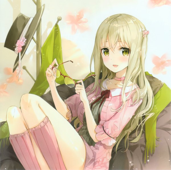 Anime picture 2135x2131 with original fuumi (radial engine) single long hair looking at viewer blush fringe highres open mouth blonde hair hair between eyes sitting holding green eyes hat removed eyewear removed girl hat choker socks
