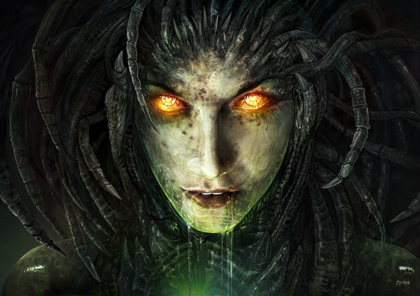 Anime picture 1024x724 with starcraft blizzard entertainment sarah kerrigan ertacaltinoz single long hair looking at viewer black hair yellow eyes lips close-up face saliva girl