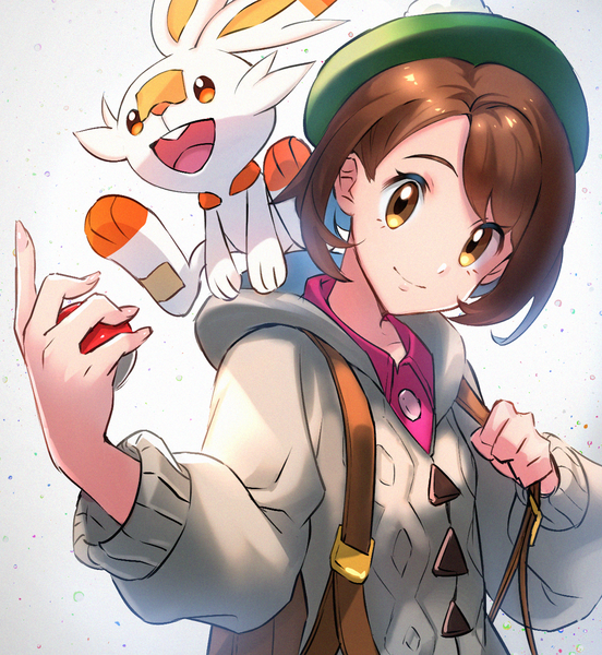 Anime picture 1198x1300 with pokemon pokemon (game) pokemon swsh nintendo gloria (pokemon) scorbunny honyaru (nanairo39) single tall image looking at viewer short hair smile brown hair brown eyes upper body gen 8 pokemon girl beret cardigan backpack