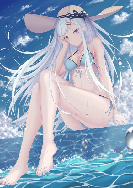 Anime picture 2828x4000 with original bilibilida single long hair tall image highres breasts blue eyes light erotic sitting sky silver hair cloud (clouds) full body wind from below crossed legs girl swimsuit hat