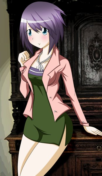 Anime picture 1817x3129 with professor layton katia anderson single tall image blush highres short hair purple hair cute girl dress short dress beads