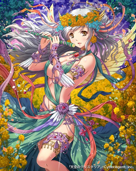 Anime picture 800x1000 with tenkuu no crystalia sakiyamama single long hair tall image looking at viewer blush fringe breasts open mouth light erotic large breasts standing bare shoulders holding brown eyes sky cleavage silver hair cloud (clouds)