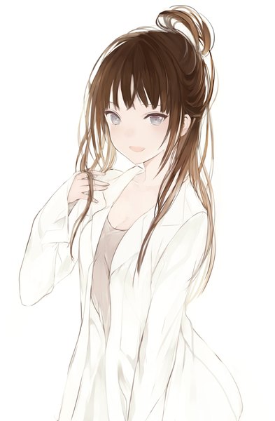 Anime picture 608x928 with original lpip single long hair tall image looking at viewer blush fringe open mouth simple background smile brown hair white background payot cleavage ahoge :d grey eyes girl
