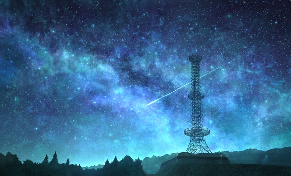 Anime picture 1485x900 with original mks wide image night night sky no people landscape scenic shooting star milky way plant (plants) tree (trees) building (buildings) star (stars) forest tower