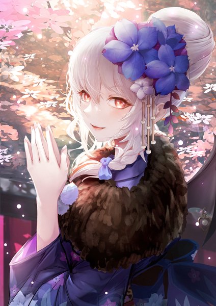 Anime picture 1810x2560 with blue archive haruna (blue archive) haruna (new year) (blue archive) saya kuroha single long hair tall image looking at viewer fringe highres hair between eyes red eyes silver hair upper body braid (braids) traditional clothes japanese clothes from above hair bun (hair buns) official alternate costume