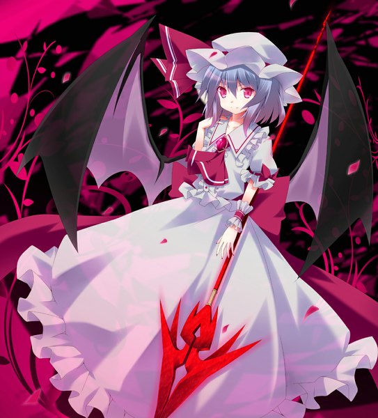 Anime picture 1000x1104 with touhou remilia scarlet kurono yuzuko tall image short hair blue hair pink eyes girl dress weapon petals wings bonnet spear spear the gungnir