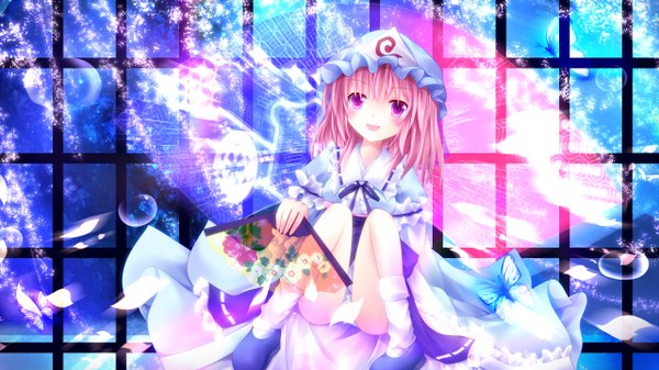 Anime picture 1280x720 with touhou saigyouji yuyuko furomaaju (fromage) single looking at viewer blush short hair open mouth wide image purple eyes pink hair girl dress petals insect butterfly fan