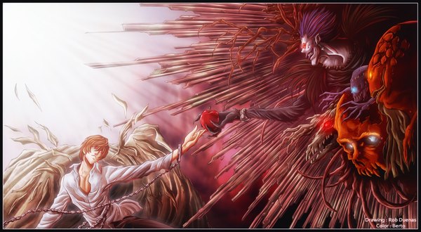 Anime picture 2269x1250 with death note madhouse yagami light ryuk diabolumberto highres short hair blue eyes smile red eyes brown hair wide image purple hair profile orange eyes coloring light open collar white eyes boy