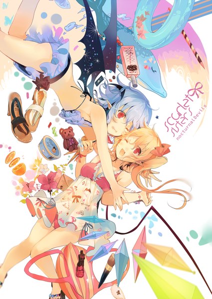 Anime picture 716x1011 with touhou flandre scarlet remilia scarlet kirero (pixiv) long hair tall image blush short hair light erotic blonde hair red eyes twintails multiple girls blue hair traditional clothes one eye closed wink inscription pantyshot miko