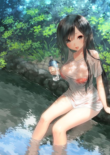 Anime picture 710x1000 with original yasuyuki single long hair tall image looking at viewer fringe breasts light erotic black hair hair between eyes large breasts black eyes bare legs reflection wet clothes river soaking feet ripples girl