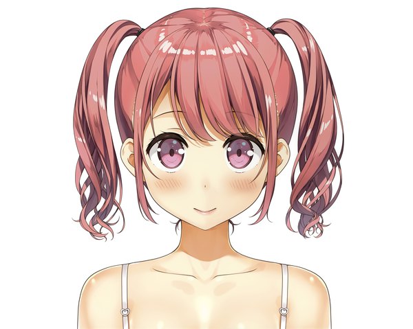 Anime picture 5793x4634 with original 5 nenme no houkago kurumi (kantoku) kantoku single looking at viewer blush highres short hair light erotic simple background smile white background twintails bare shoulders pink hair absurdres pink eyes portrait short twintails