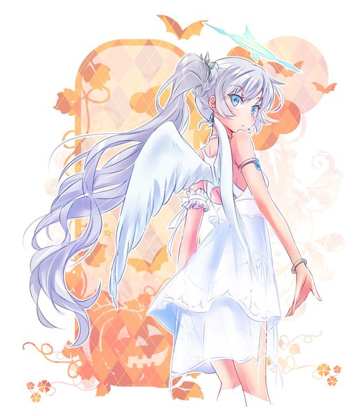 Anime picture 1182x1380 with rwby rooster teeth weiss schnee iesupa single long hair tall image looking at viewer blue eyes silver hair from behind side ponytail scar halloween angel wings angel outline bad anatomy girl dress