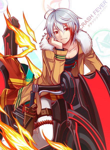 Anime picture 733x1000 with crash fever belial (crash fever) tenyo0819 single tall image short hair red eyes silver hair ahoge multicolored hair open jacket streaked hair copyright name head rest boy jacket thigh strap ground vehicle fire motorcycle