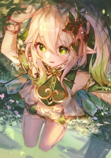 Anime picture 2480x3508 with genshin impact nahida (genshin impact) yu hydra single long hair tall image looking at viewer blush fringe highres open mouth hair between eyes green eyes silver hair full body bent knee (knees) outdoors lying multicolored hair arm up