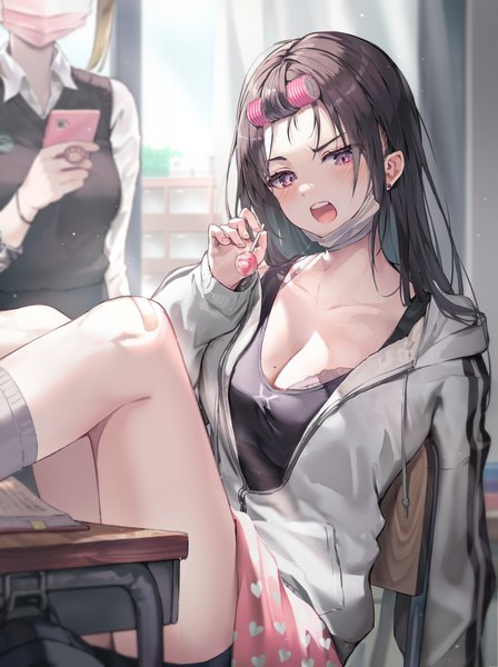 Anime picture 2240x3000 with original huwari (dnwls3010) long hair tall image looking at viewer blush fringe highres breasts open mouth light erotic black hair large breasts sitting multiple girls holding cleavage bent knee (knees) indoors head tilt