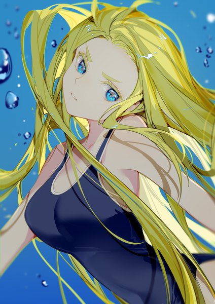 Anime picture 1000x1415 with summertime render kofune ushio indai (3330425) single long hair tall image blue eyes light erotic blonde hair looking away sleeveless floating hair blue background underwater girl swimsuit one-piece swimsuit bubble (bubbles) school swimsuit