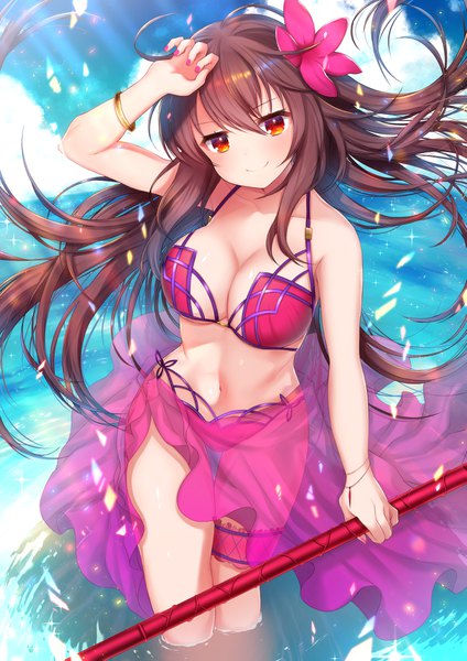 Anime picture 1191x1684 with fate (series) fate/grand order scathach (fate) (all) scathach (swimsuit assassin) (fate) akirannu single long hair tall image looking at viewer blush fringe breasts light erotic smile hair between eyes red eyes brown hair large breasts sky cloud (clouds)