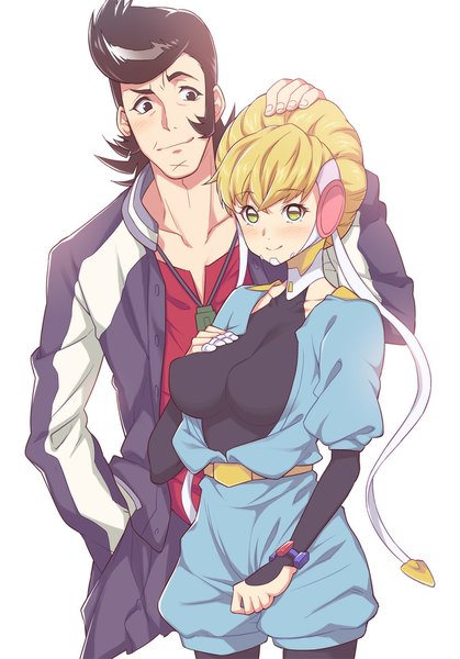 Anime picture 800x1144 with space dandy studio bones dandy (space dandy) adelie (space dandy) akihazama tall image looking at viewer blush fringe short hair light erotic black hair simple background smile white background green eyes black eyes hair bun (hair buns) hand on chest hand in pocket