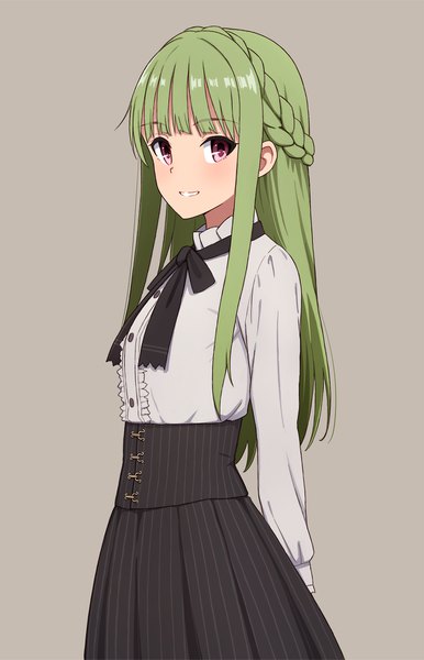 Anime picture 1174x1825 with original yahiro (epicopeiidae) single long hair tall image looking at viewer fringe simple background standing blunt bangs pink eyes green hair grey background hands behind back half updo girl skirt bowtie black skirt blouse