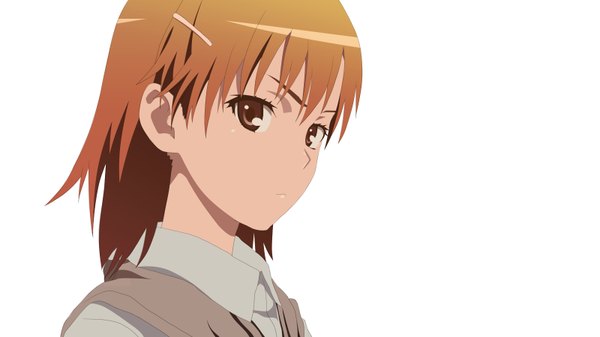 Anime picture 1600x900 with to aru kagaku no railgun j.c. staff misaka mikoto single short hair simple background brown hair wide image white background brown eyes close-up vector girl uniform hair ornament school uniform bobby pin vest